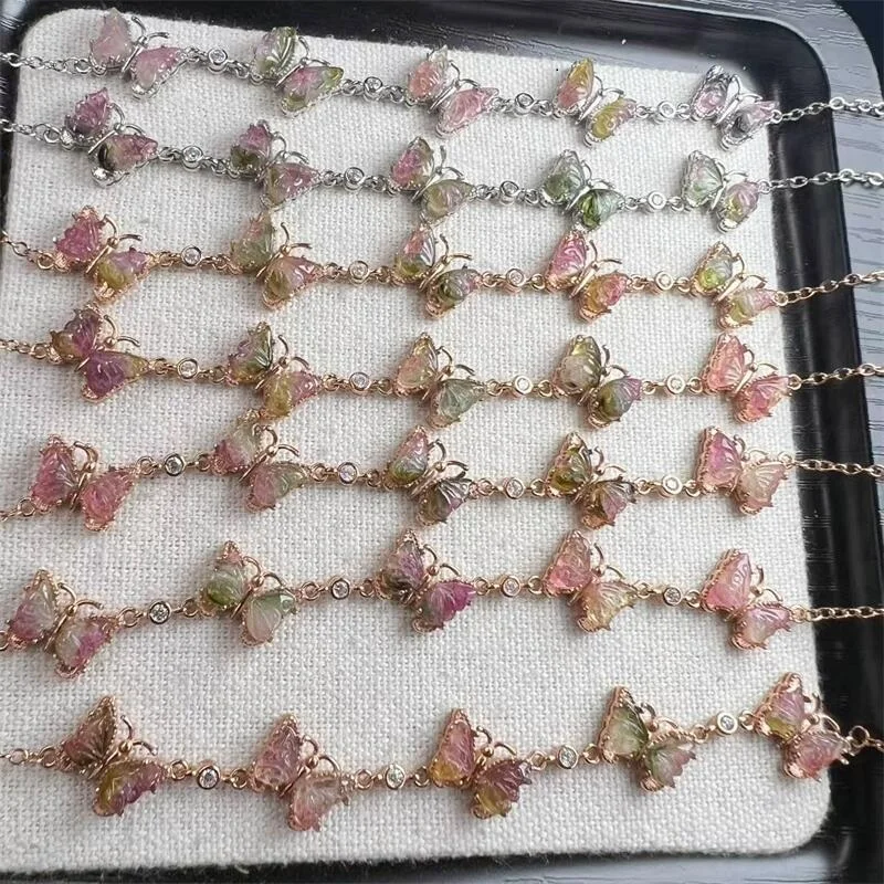 

S925 Natural Watermelon Tourmaline Butterfly Bracelet Women Fashion Reiki Healing Fengshui Jewelry Holiday Gift 1PCS