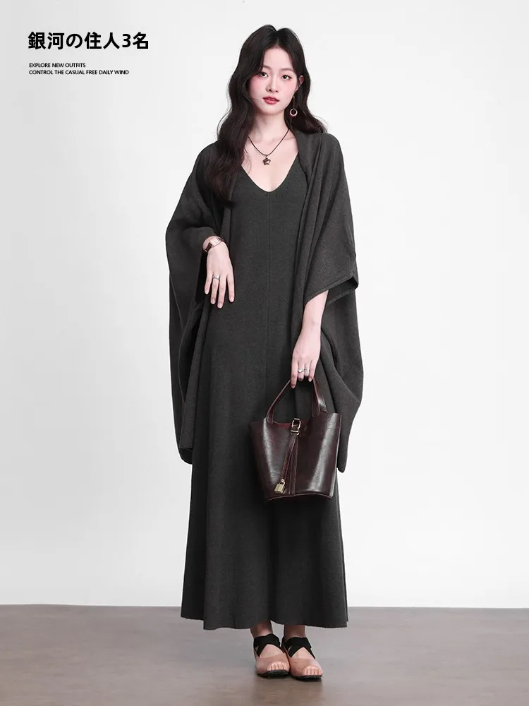 

Elegant V-Neck Knitted Dress Women's Loose Autumn Winter Fashion Set Long Sleeve Midi Dress Galaxy Resident Style