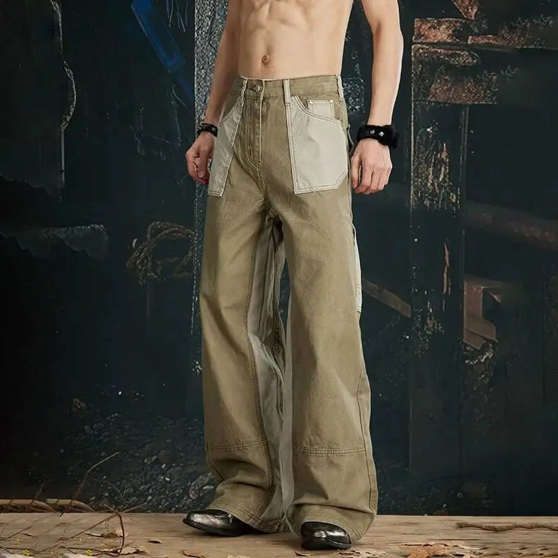 LUZHEN Splicing Decorate Contrast 2026 Design Pockets New Color Straight Casual Jeans Men's Fashion Wide Leg Denim Pants JY9149