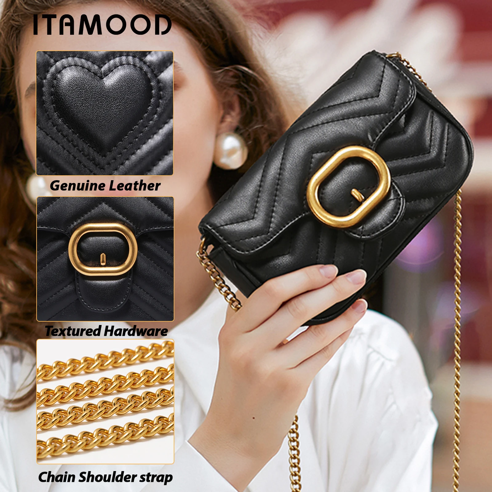 

ITAMOOD Women Chain Bag Two Layer Cowhide Original Designer Embroidery Line Shoulder Crossbody Senior Texture Leather Handbag