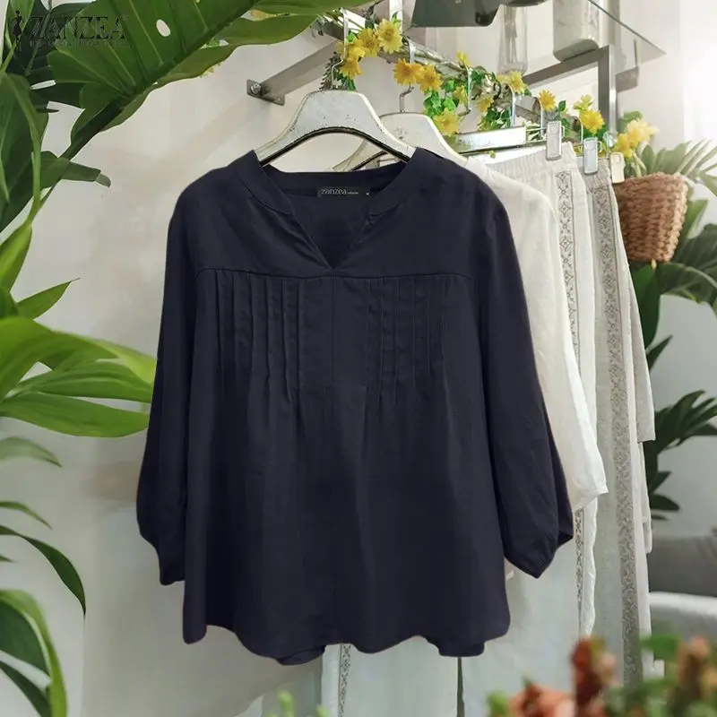 ZANZEA 女性スタイリッシュなトップスファッションパフスリーブ V ネック無地ブラウスサマーシャツ 2026 ルーズエレガントな仕事 OL 女性 Blusas