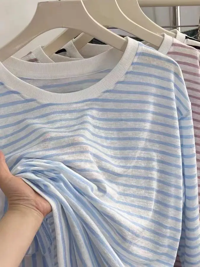 Loose Fit Striped Long Sleeve T-Shirt Women's round Neck UV Protection Cover up Slimming Concealing Commute Top