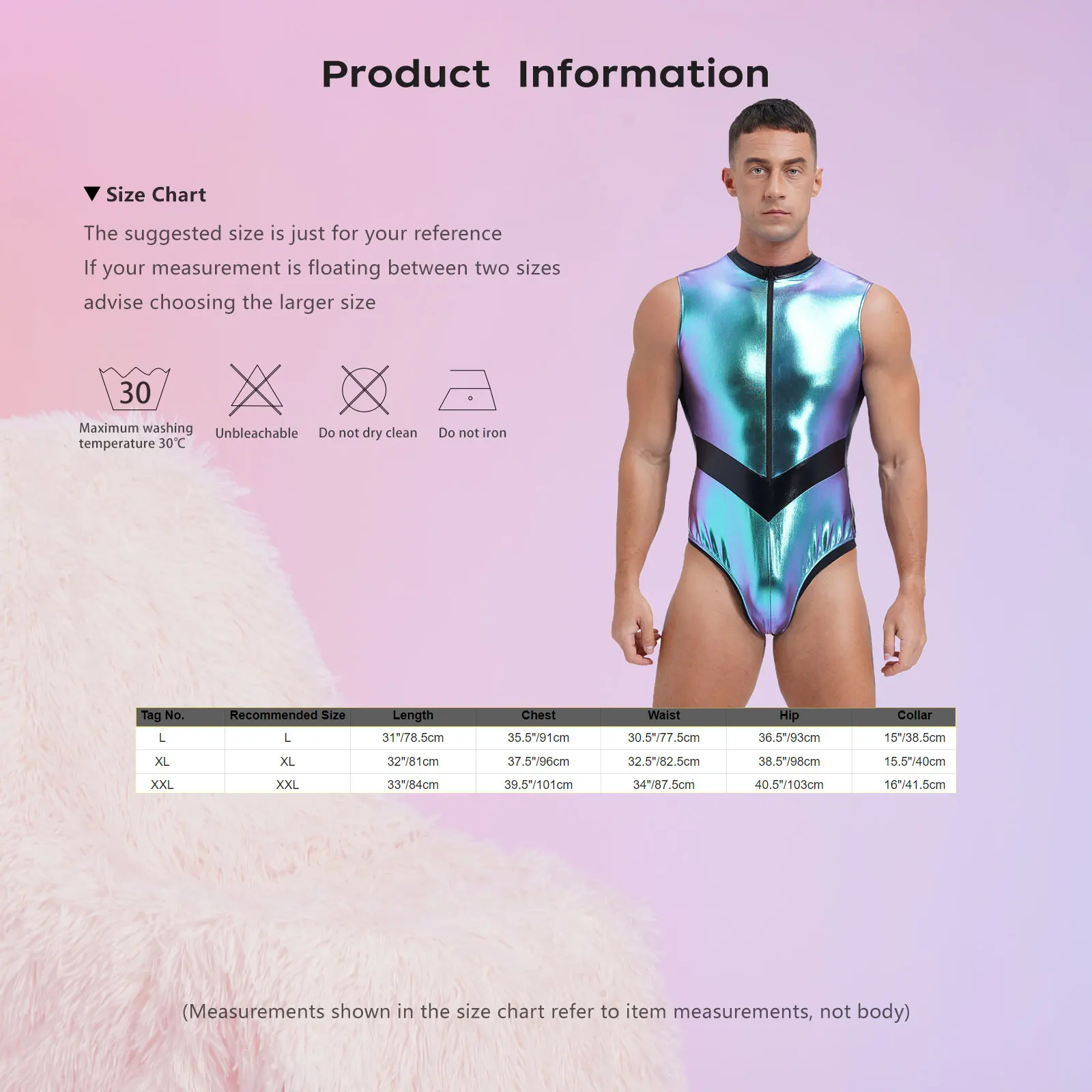 Metallic Shiny Bodysuit for Mens Front Zipper Stand Collar Leotard Sleeveless Catsuit for Nightclub Crossdresser Music Festival