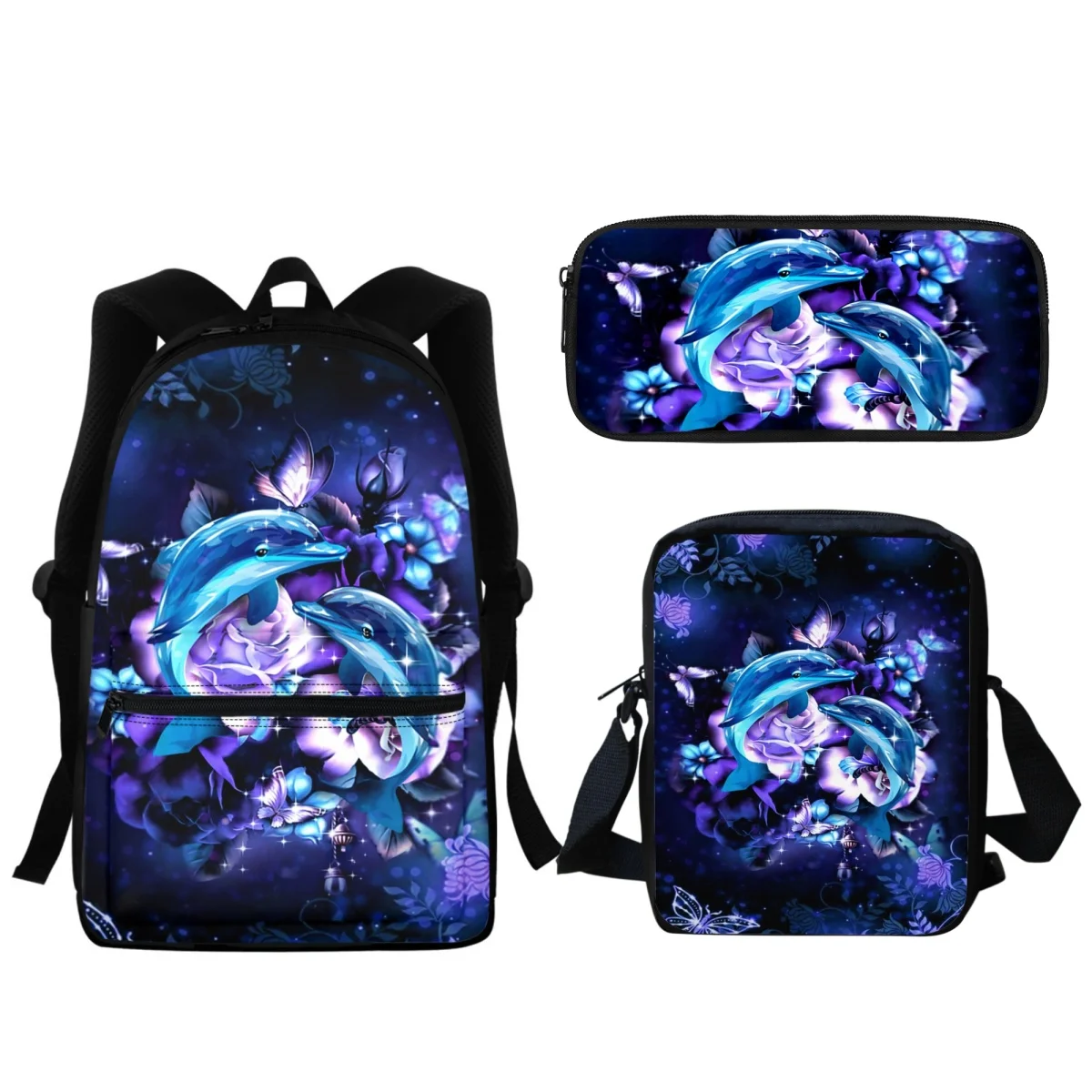 Dolphin Purple Rose Design Fashion Zipper School School Bags Backpak Portable Lunch Small Satchel Pencil Case School Supplies