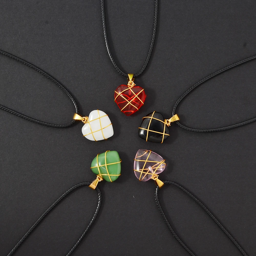 5pcs、10pcs/set Wire-wound Hexagonal Column Women’s Fashion Pendant Necklace Set, Gradient Multi-color Natural Stone Pendant