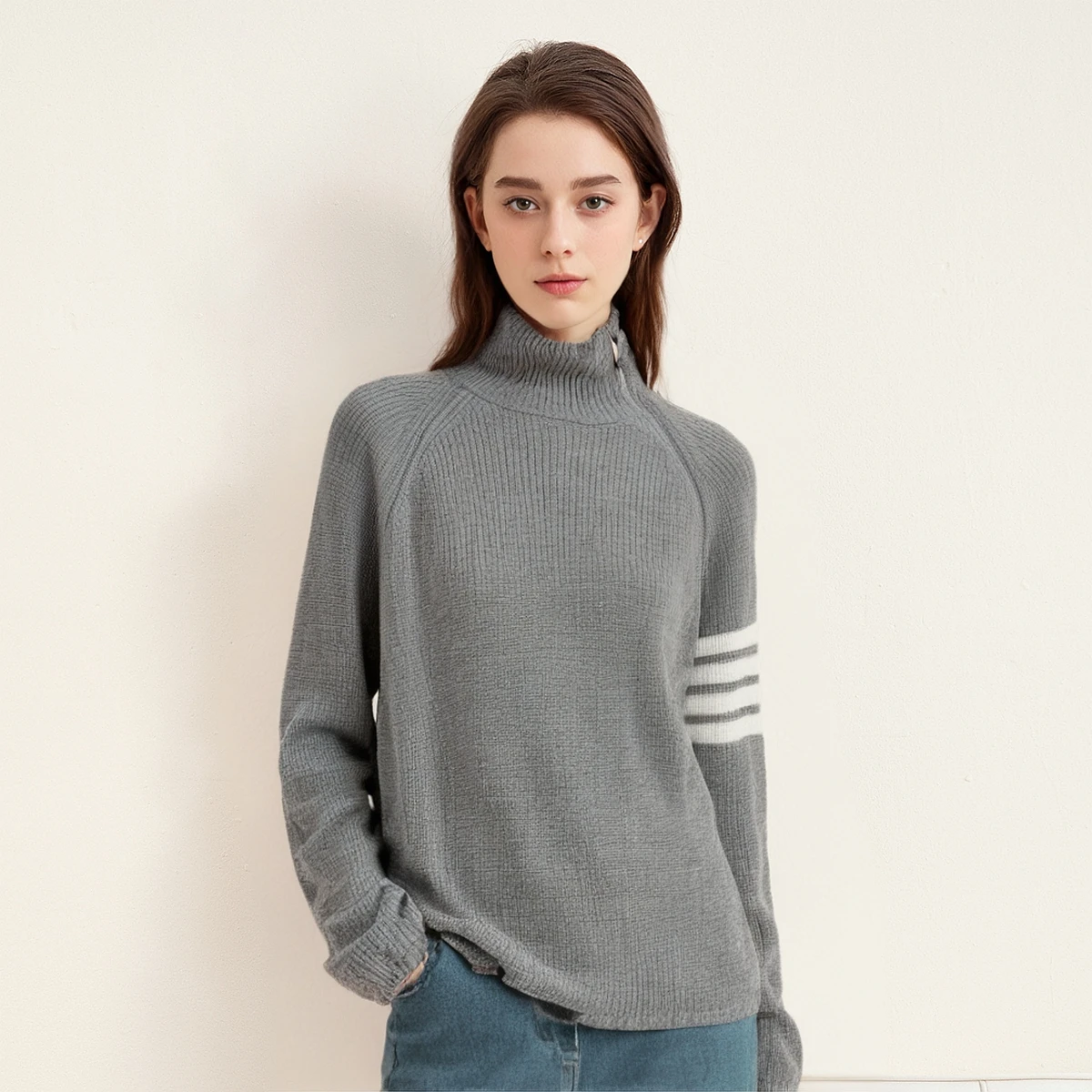 TC-437 turtle neck loose long sleeved 100% wool pure woolen sweater for women