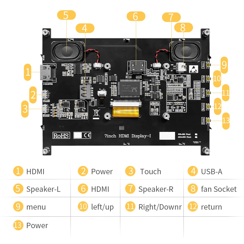 JRP7008 7 Inch lcd Touch Screen 1024x600 mini Monitor Panel for raspberry pi 5 tft capacitive HDMI Portable laptop module