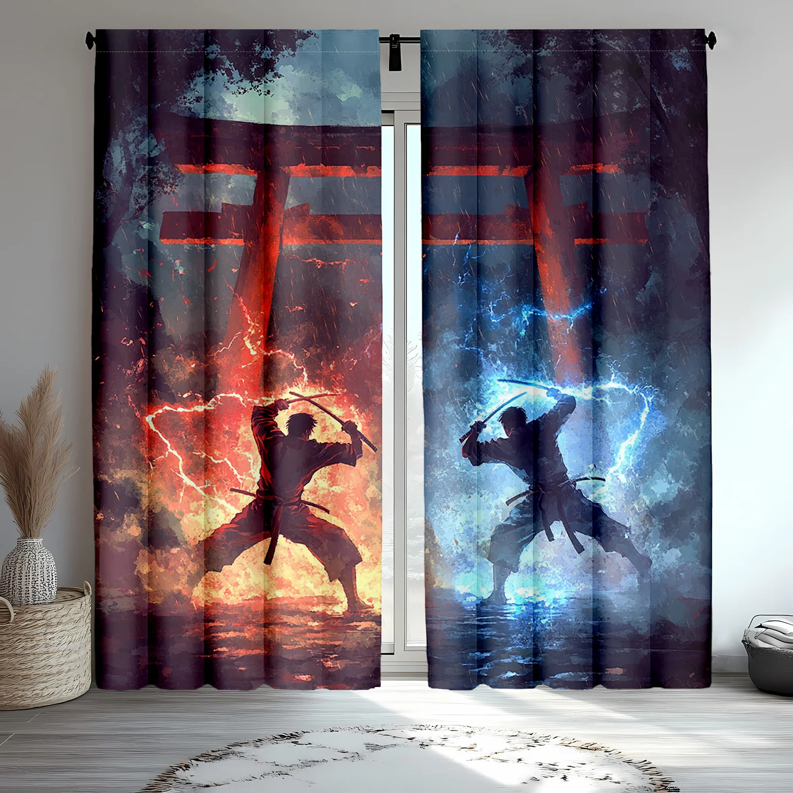 Samurai and Karate Patterns Print Drapes Room Darkening Window Curtains for Home Decor,Rod Pocket Blackout Curtains Bedroom