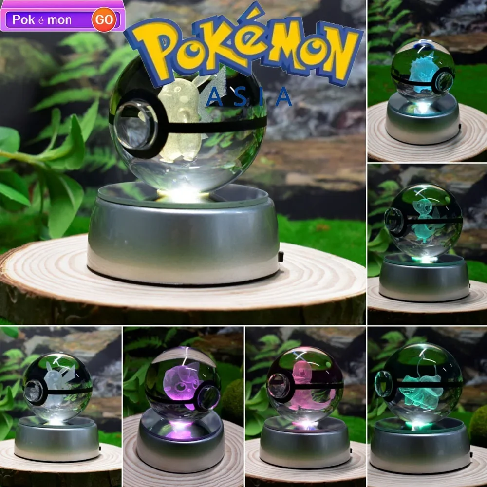 2024 Pokemon cartoon 3D Crystal Ball Pikachu Gengar Mew Mewtwo LED light base anime glass ball children's Christmas gift toy