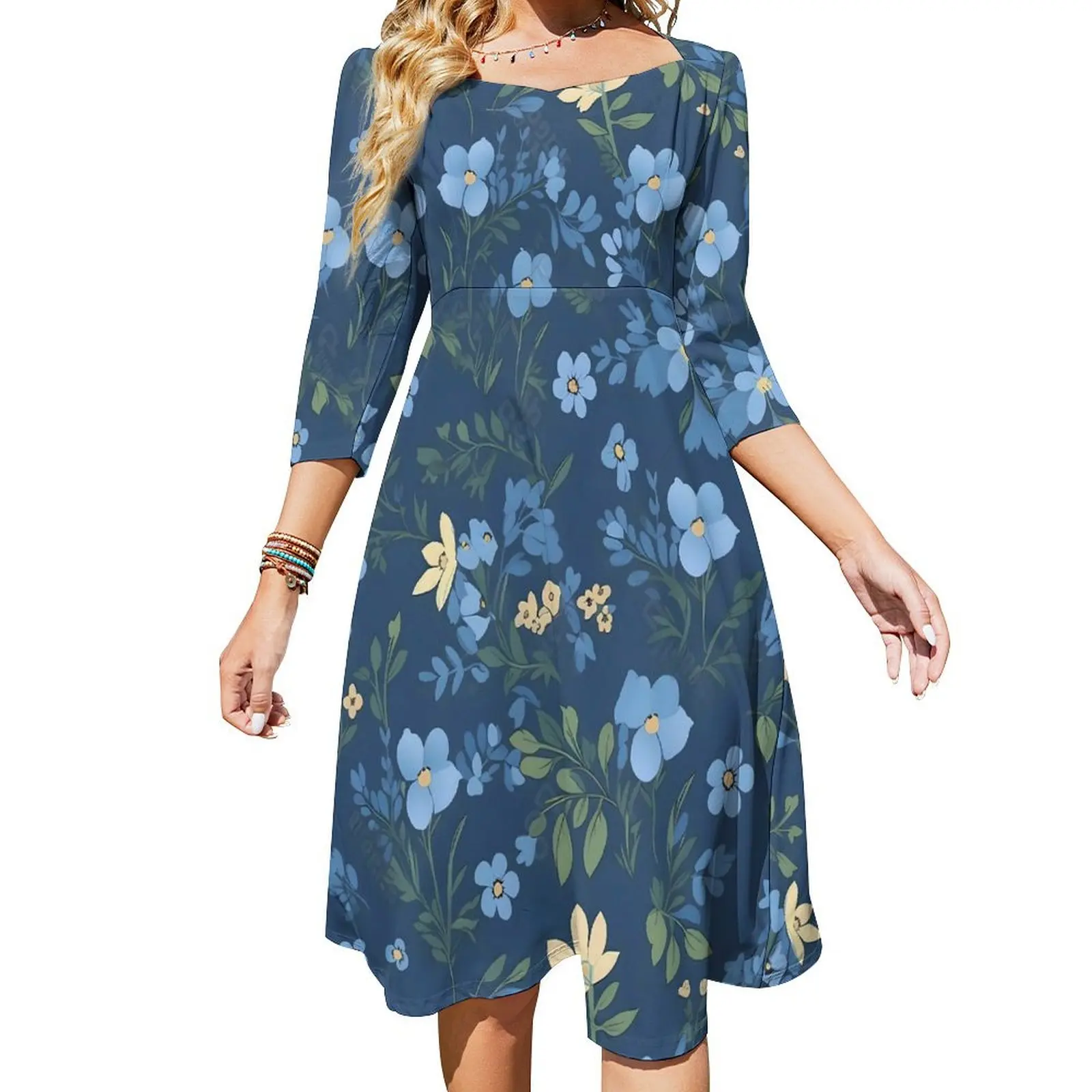 

Beautiful Blue Flower Dress Summer Floral Print Kawaii Dresses Womens Three Quarter Aesthetic Graphic Oversized Casual Dress