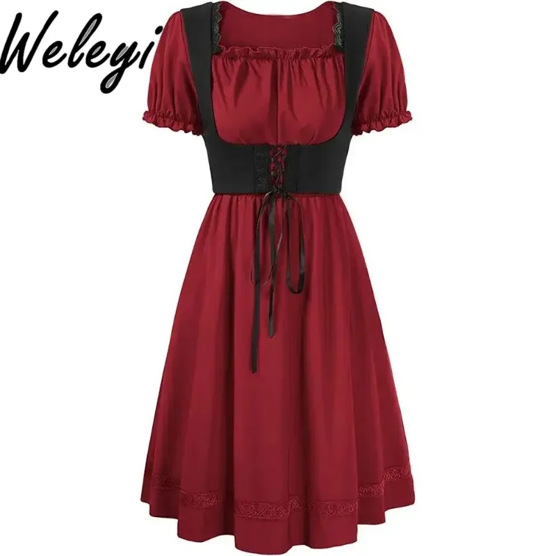 Victorian Pastoral Cosplay Wine Red Long Dress Women Retro Literary Square Neck Short Sleeve Dresses Ladies Vestidos De Mujer