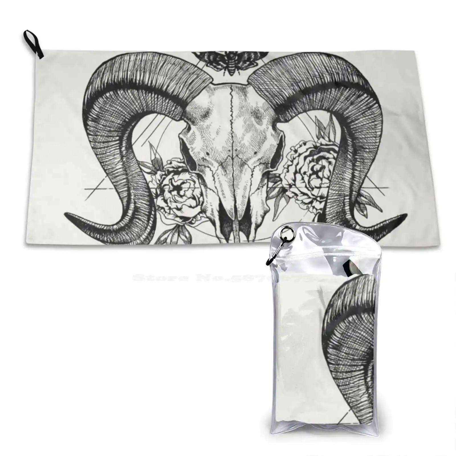 Peony Skull Soft Bath Towel Washcloth Outdoor Skull Peony Flowers Ram Gothic Horror Macabre Halloween Dark Art Pen Ink