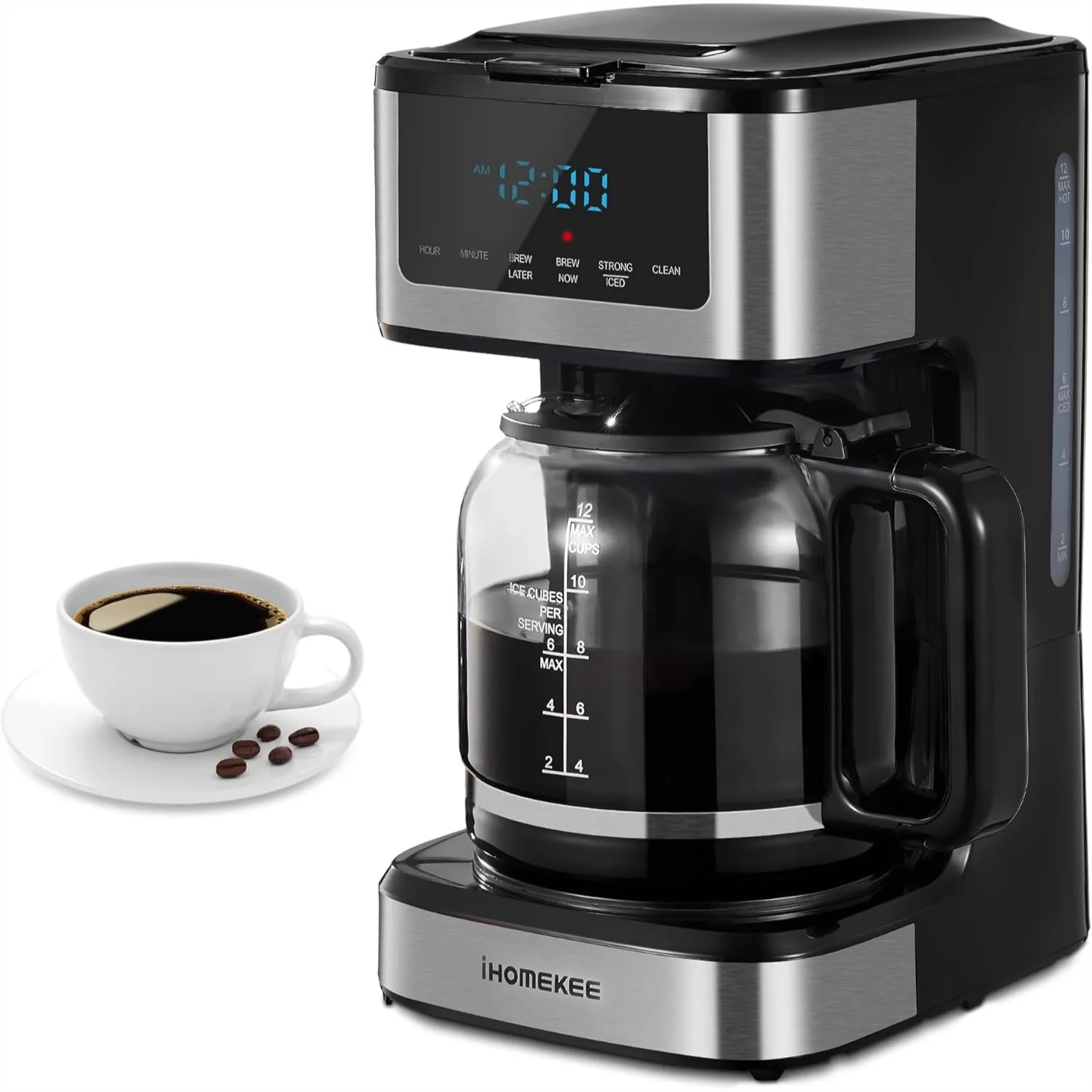 

Programmable Drip Coffee Maker 12 Cup, Regular & Strong Brew with Iced Coffee Function for Home Office, Black Stainless Steel