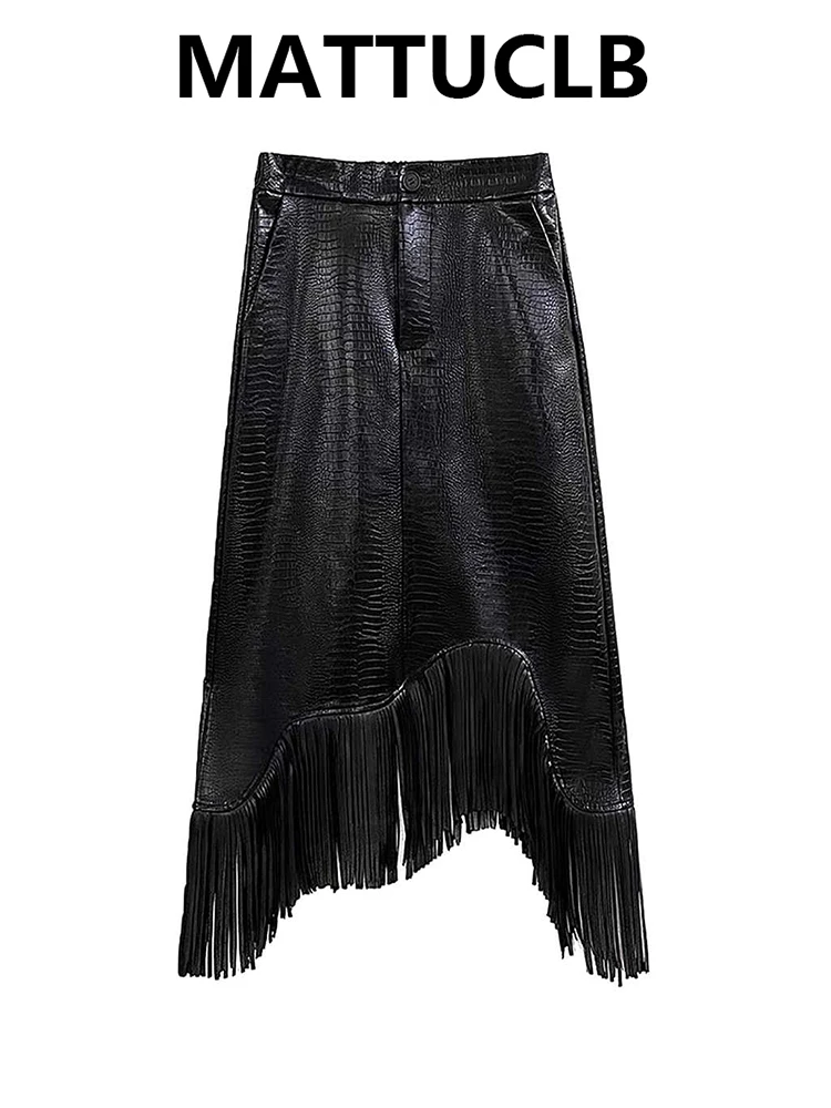 Women's Midi PU Skirt 2000s Aesthetic Faux Leather Tassel Design Harajuku Gothic Japanese Y2k Irregular Skirt Dark Academia New