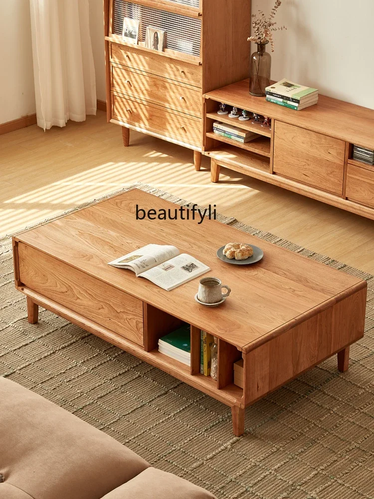 

Nordic solid wood coffee table simple cherry wood log color living room TV cabinet coffee table combination6005