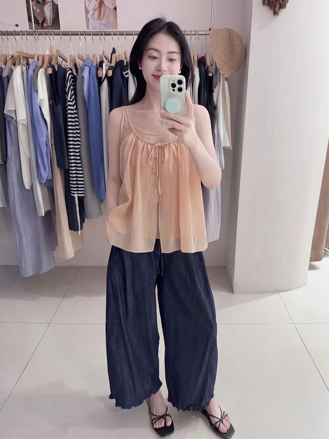 Summer Women's Orange Design Sense Drawstring Vest Strap Two-Piece Set Button Design in Front White Enhancing Top Casual Wear