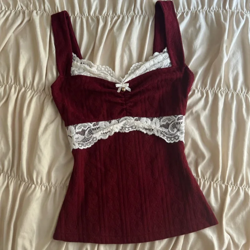 Cami-tops met kanten rand voor dames, kabelgebreid, feeëngrunge hemdje, top, coquette esthetische kleding