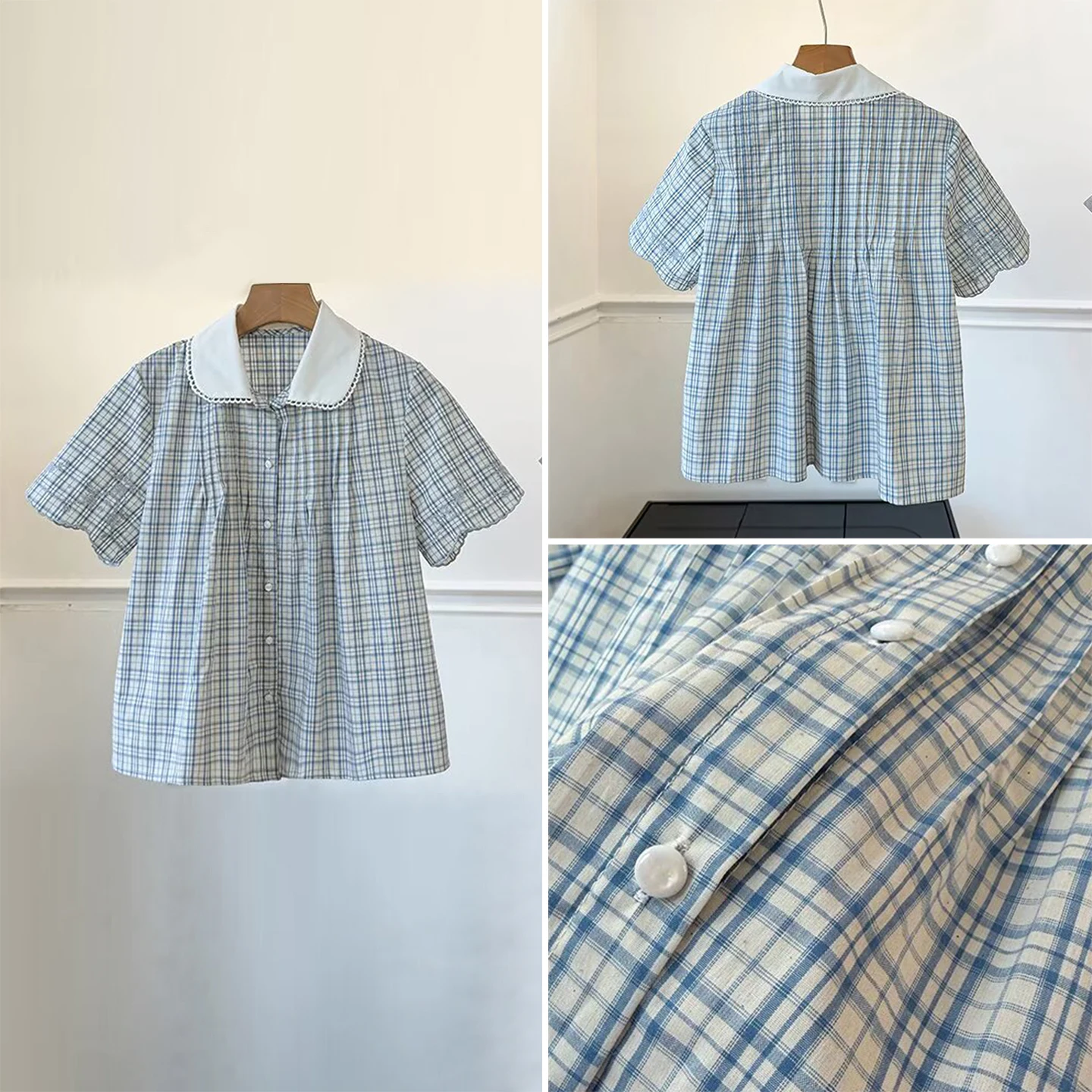 

Women's Summer 2026 New Fashion Embroidered Patchwork Collar Plaid Short Sleeve Shirt Lace Trim Top Loose Fit Bubble Sleeve