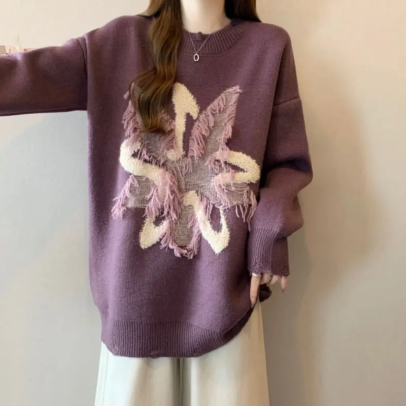 Women's New Round Neck Off Shoulder Sleeves Heavy-duty Knitted Long Sleeved Pullover Korean Loose Sweater for Women