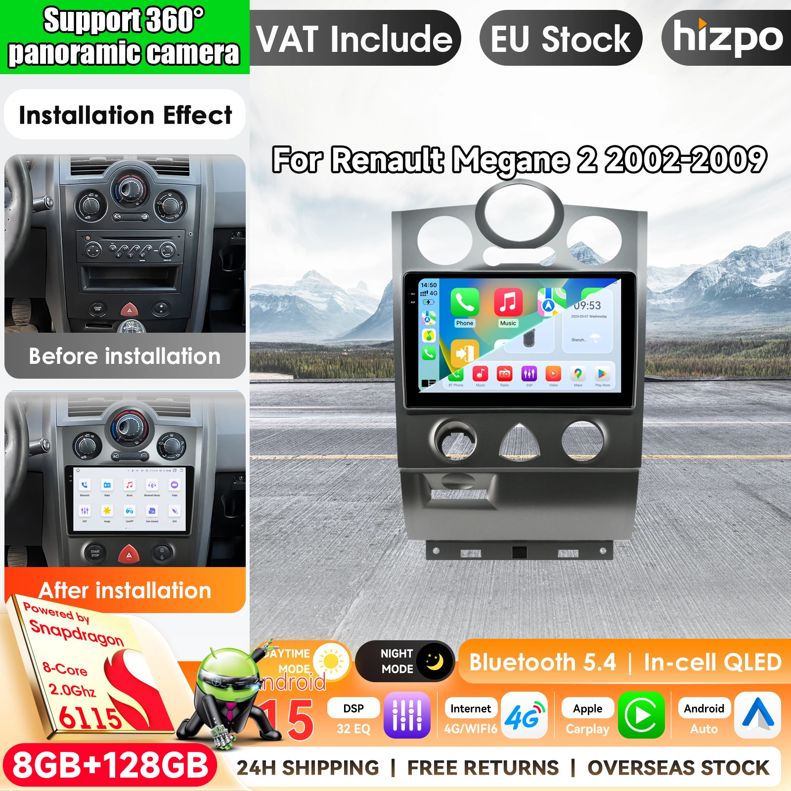 mit Qualcomm 8-Core 360 °   Kamera optional, CarPlay, Android Auto, Autoradio für Renault Megane 2 2002-2009, 2-DIN-Systeme, Stereo, GPS, SWC, Bluetooth, FM, RDS, DSP, IPS-Bildschirm, intelligente
