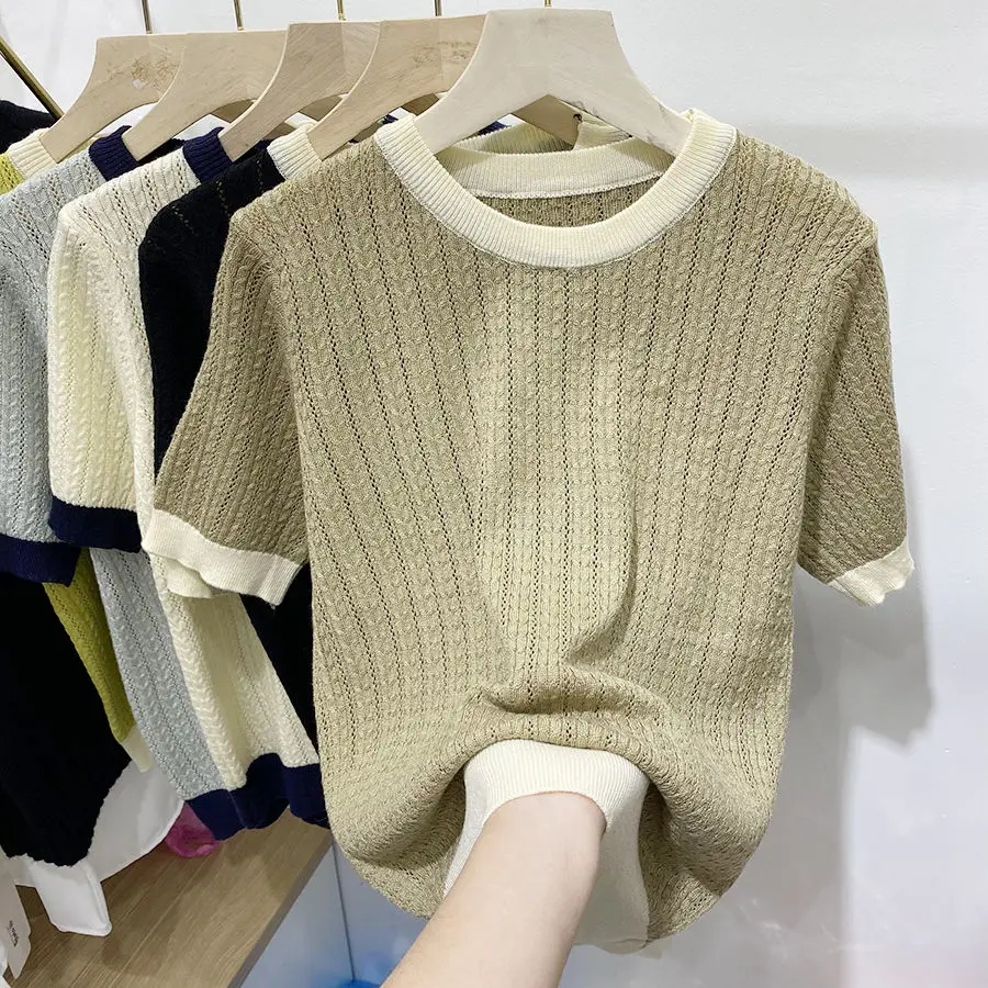 Summer Korean Short Soft Knit Short Sleeved T-shirt Women\'s O-Neck Color Block Screw Thread Design Simple Versatile Sweater Top