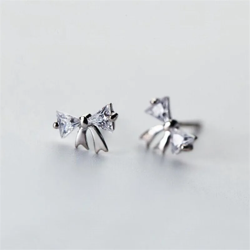 New Fashion Jewelry Sweet Triangle Crystal Bow 925 Sterling Silver Temperament Personality Exquisite Stud Earrings  E164