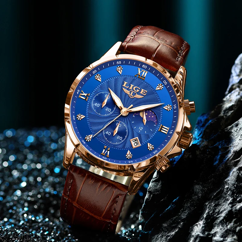 Lige-メンズレザーストラップ,クォーツ時計,耐水性,ムーンフェイズ,日付,クロノグラフ,時計,スポーツ,新しいファッション