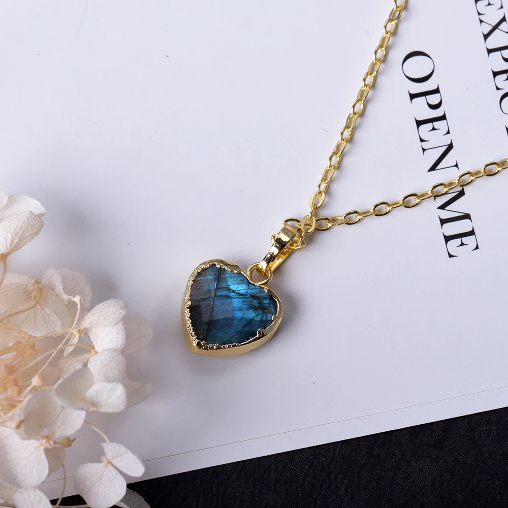 ITSMOS 14K-Gold Plated Heart Natural Labradorite Pendant Necklace Simple Blue Light Love Jewelry Necklace for Women Gift