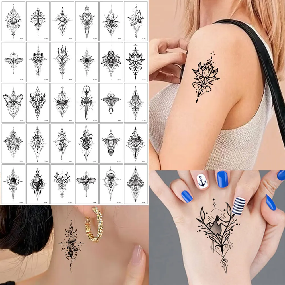 

30 шт., черная водонепроницаемая маленькая временная татуировка-наклейка с геометрическим узором, подходит для рук, лица, пальцев и шеи, подходит