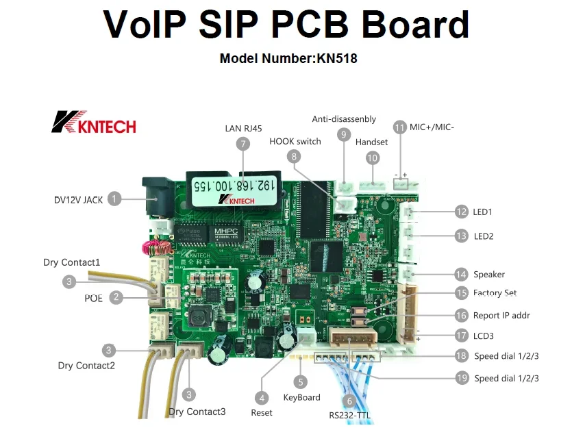 KNTECH Broabcasting System CCTV telephone mainboard sip pcb board KN518 VOIP Board