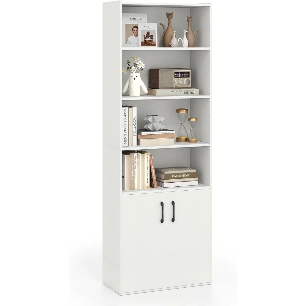 Librería de 70" con 2 puertas, estantería moderna de 6 niveles con gabinete, gabinete de almacenamiento elegante, estantes ajustables, exhibición multiusos