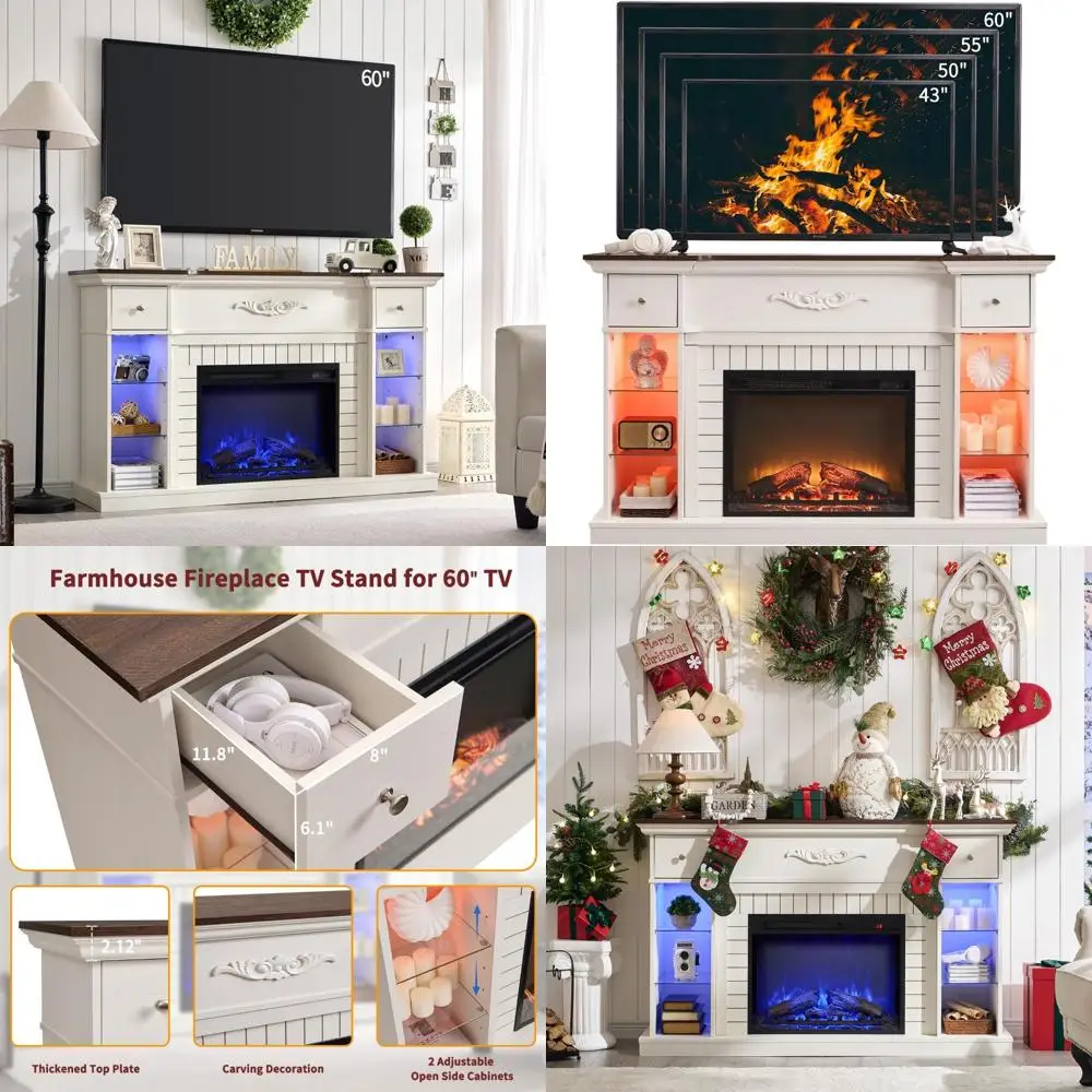 

60 Inch LED TV Electric Fireplace Entertainment Center with Adjustable Shelves and 7 Color Options