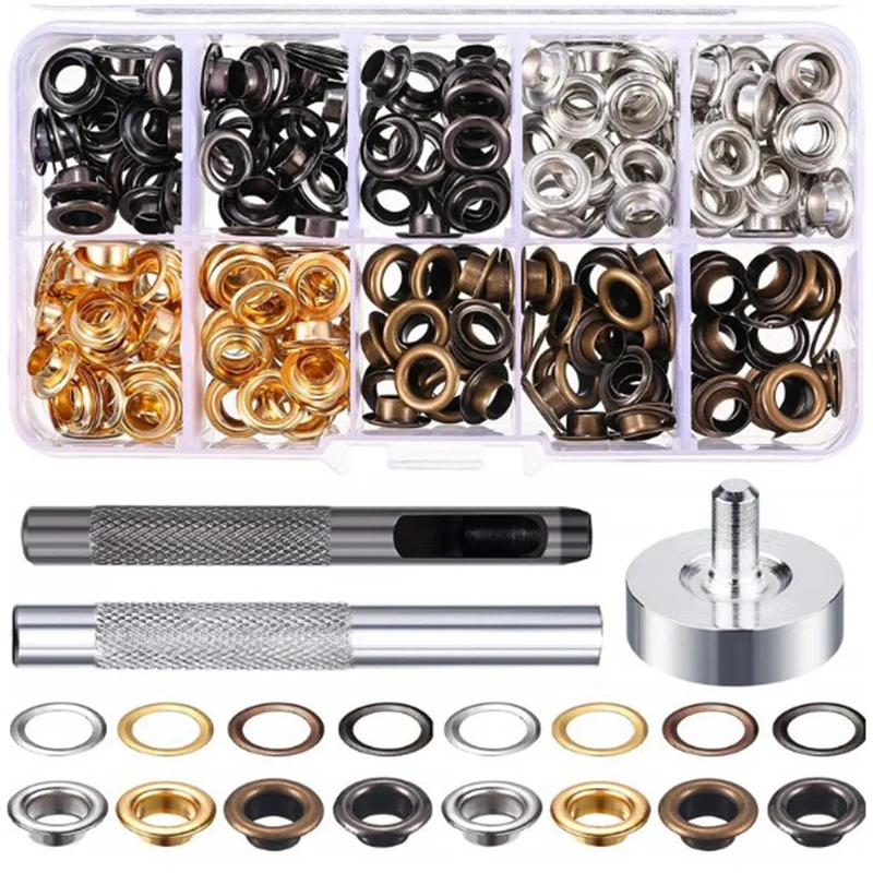 200 Set 6 mm Metal Grommets Eyelets Kit with a Base and Punch Hole Tool and Installation Tool Repair with Plastic Box