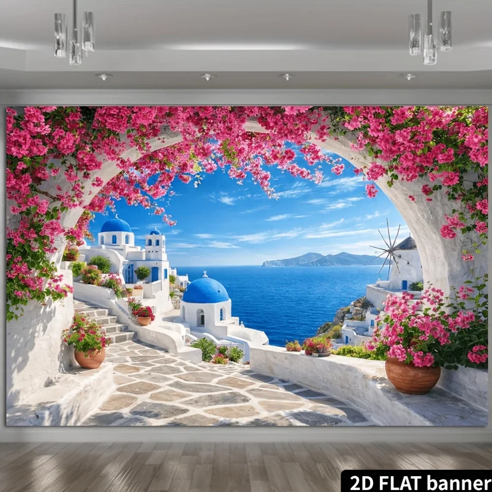 Mediterranean Greek Santorini Wall Tapestry Blue Dome Aegean Island Mural BohoFloral Tropical Bougainvillea Mediterranean Summer
