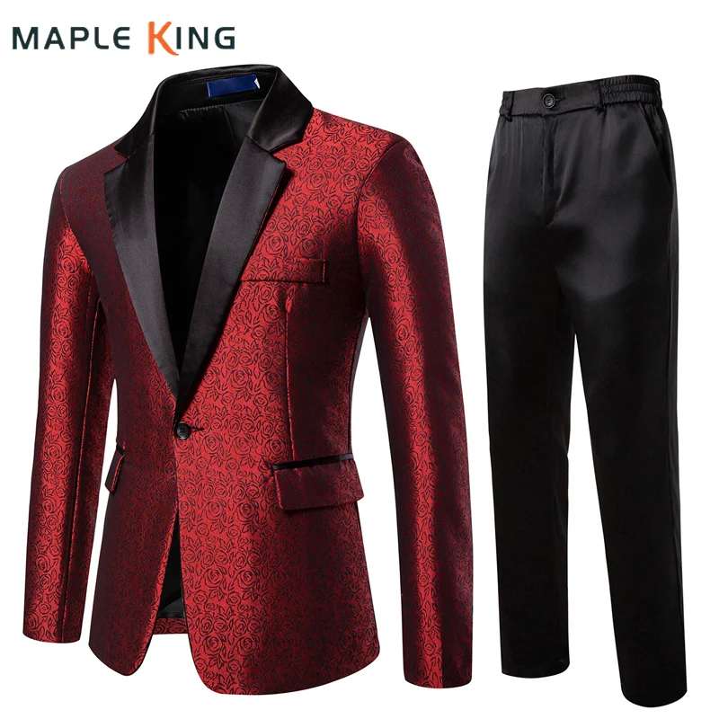 

Luxury Designer Wedding Suit for Men Rose Print Blazer+Pant Sets 2Pcs Vintage Formal Dress Mens Elegant Terno Masculino Completo