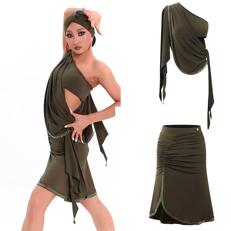 Image of DUYQ Grünes Latein-Tanzkostüm für Damen, Schleifen-Latin-Top, Chacha-Rock, Salsa-Ballroom-Tanz-Performance-Anzug für Erwachsene SL16064