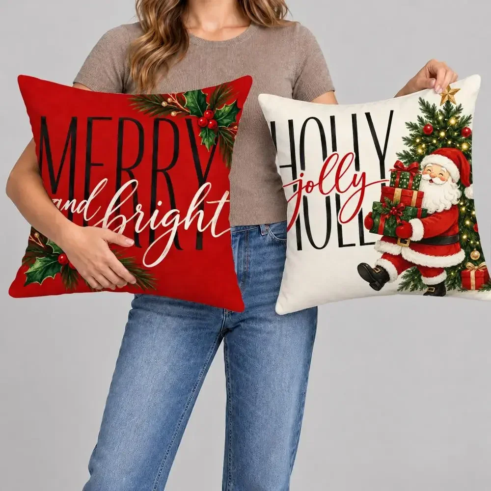 Jolly Holly Cheer Cushion Cover 1/4PCS Short Plush Pillow Cover Set Soft Decorative Cushion Case for Sofa Bed Home Decor