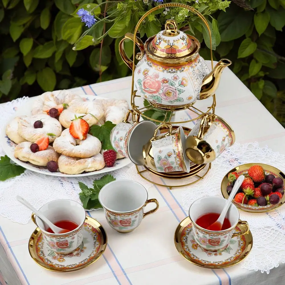 

Pcs Porcelain Tea Set With Metal Holder And Spoon Adult Ceramic Tea Set European Flower Painting Teapot Cup Saucer Spoon For Wo