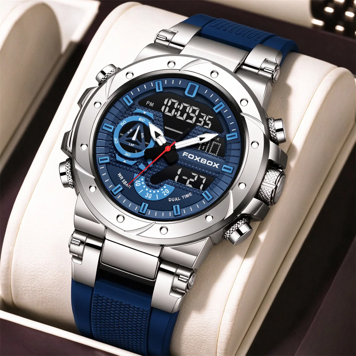 FOXBOX Men Watch Sport Quartz Watches LED Display Shock Resistant 30M Waterproof Alarm Clock Analog Digitals For