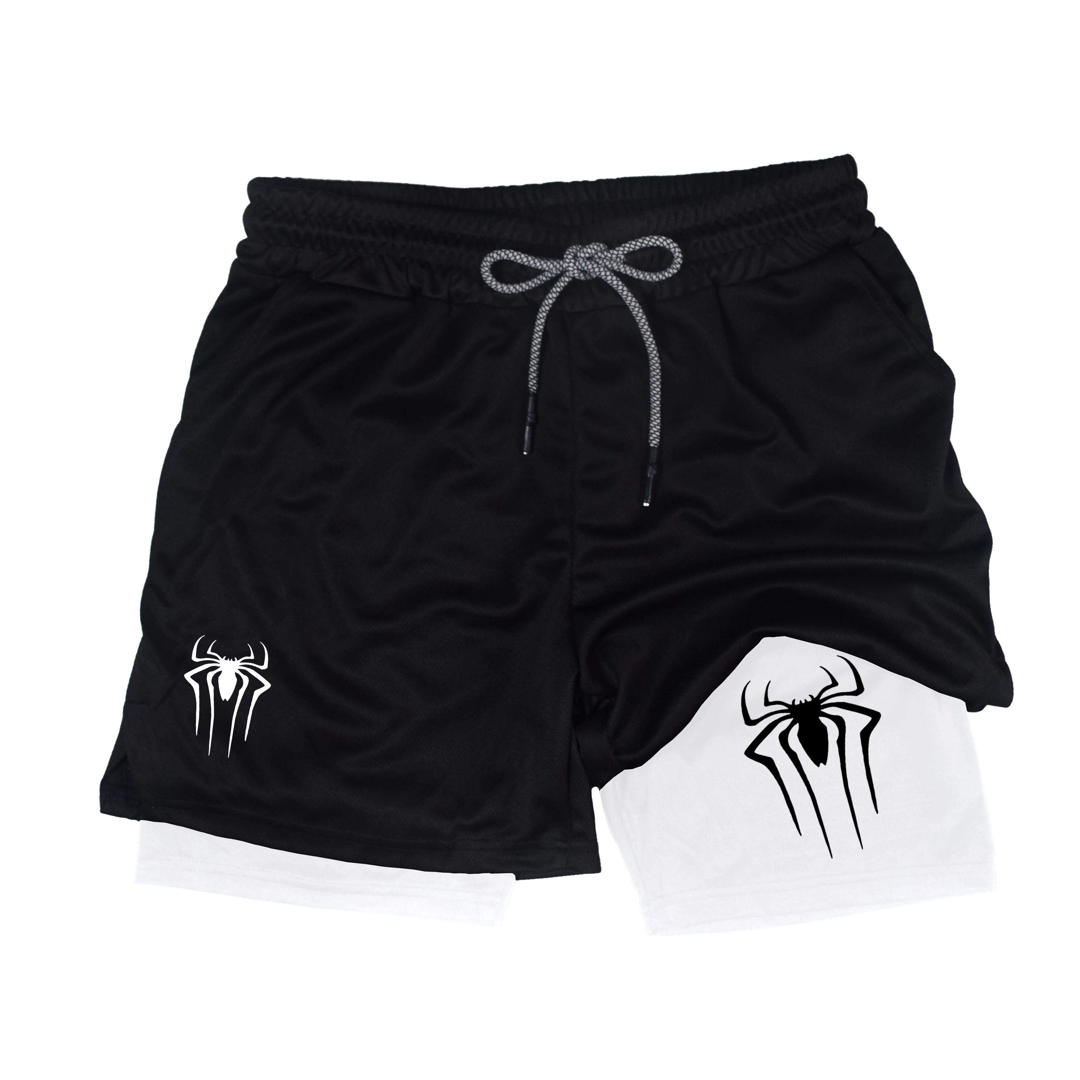 Summer Performance Shorts Men Spider Printed GYM Casual Sports Compression Shorts Workout Running Mesh 2 In 1 Sport Short Pants