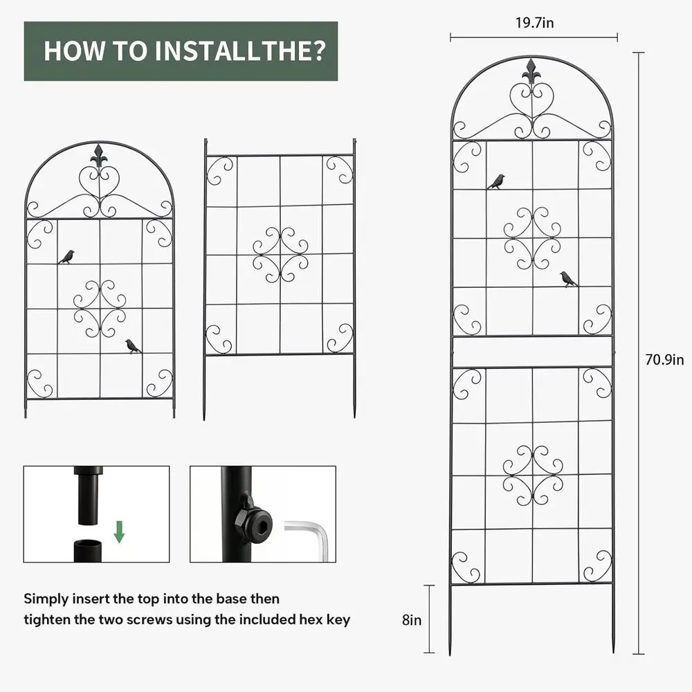 2 Pack 70.8x19.6 Inch Outdoor Metal Trellis - Black Lattice Support for Climbing Plants and Garden Vegetables