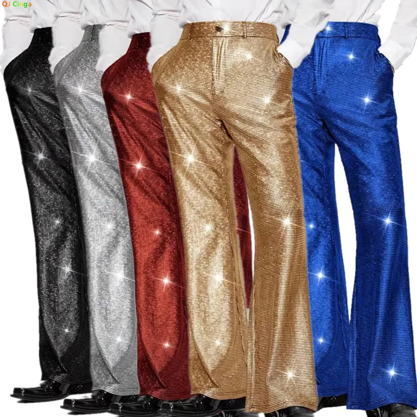 กางเกงสูทผู้ชายสีเงิน กางเกงขายาวสำหรับการแสดงบนเวทีสีน้ำเงิน มีสีทอง เงิน ดำให้เลือก ไซส์ S-XXL