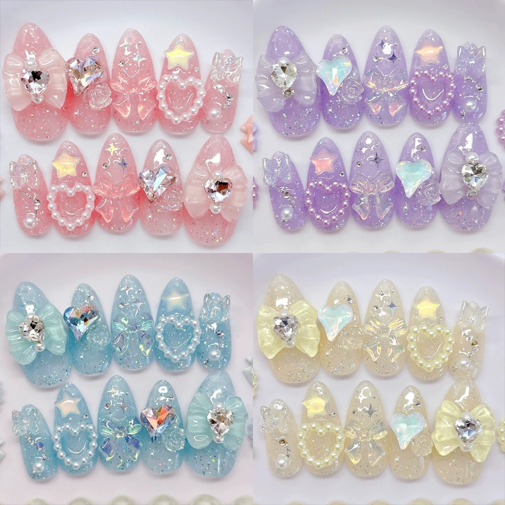 10Pcs 3D Cartoon Sanrio My Melody Almond Full Cover Nail Tips Sweet Bowknot Metal Diamond Japanese Series Detachable Fake Nails