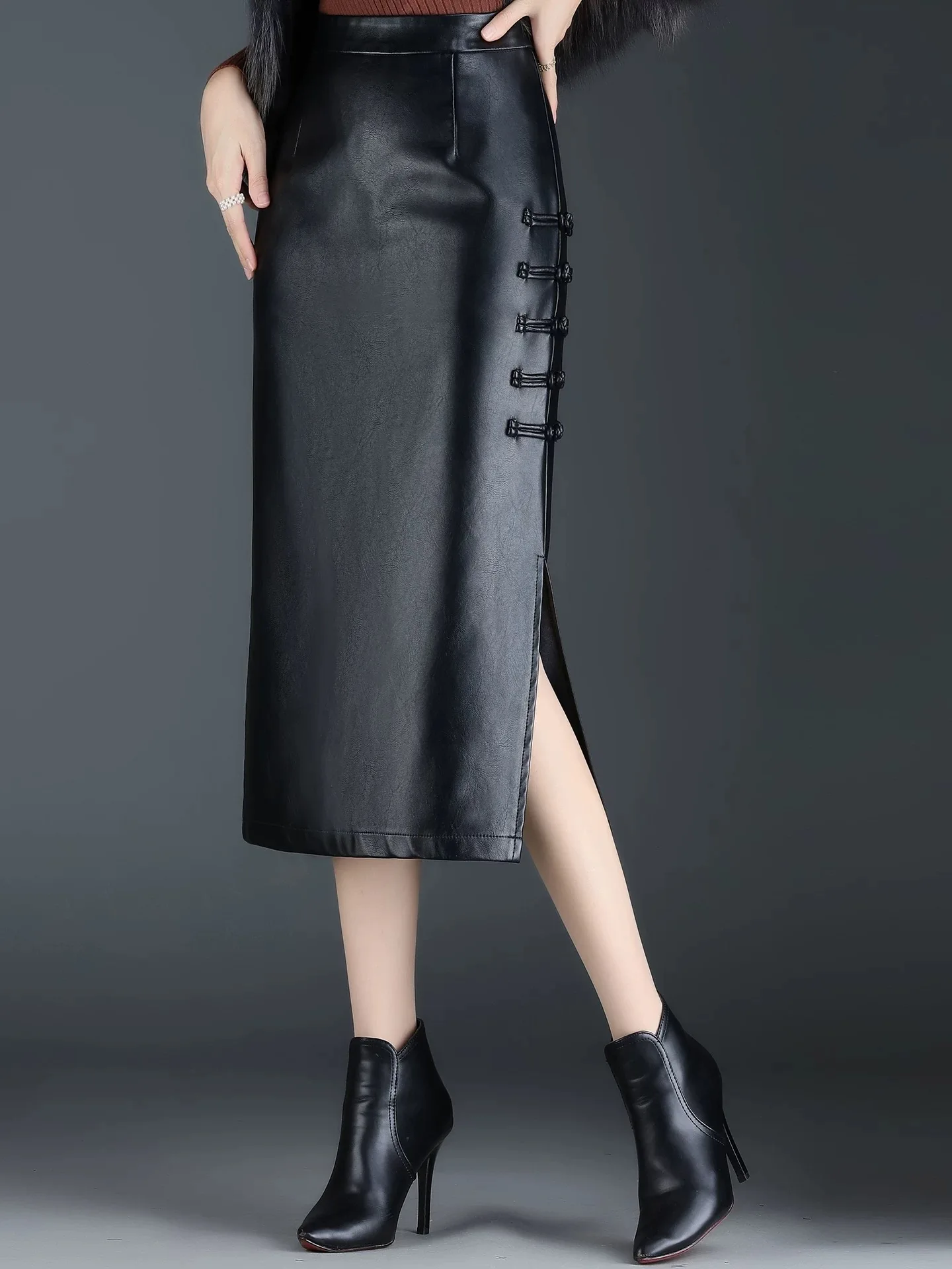 Y2K Leather Skirt Women Black High Waist Hip Hugging Split Pu Straight Tube Slimming Midi