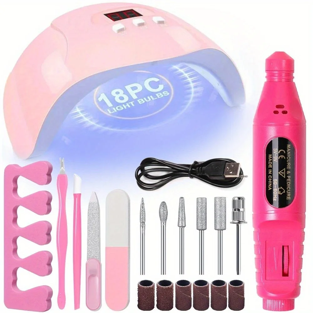 7-In-1 Nail Art Tool Set With Nail Lamp, Glue Drying Machine, Nail Polisher, Dead Skin Fork, Dead Skin Push, Finger Divider - Stainless Steel Kit For Professional Nail Artists