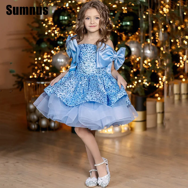 

SUMNUS Contrast Color A-Line Flower Girl Dresses Sequin Cute Bows Knee-Length Sleeveless Wedding Occasion Gowns Customized