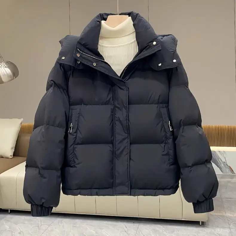 2025 خريف شتاء جديد أسفل سترة قطن المرأة الكورية الصلبة رشاقته الدافئة مقنعين معطف قصير الإناث السيدات عادية