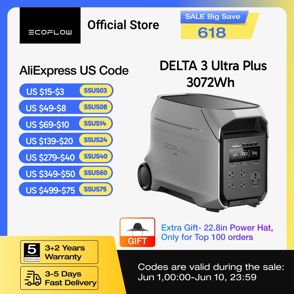 

ECOFLOW DELTA 3 Ultra Plus Portable Power Station with 22.8" Power Hat, 3072Wh LiFePO4 Battery, 3600W Output