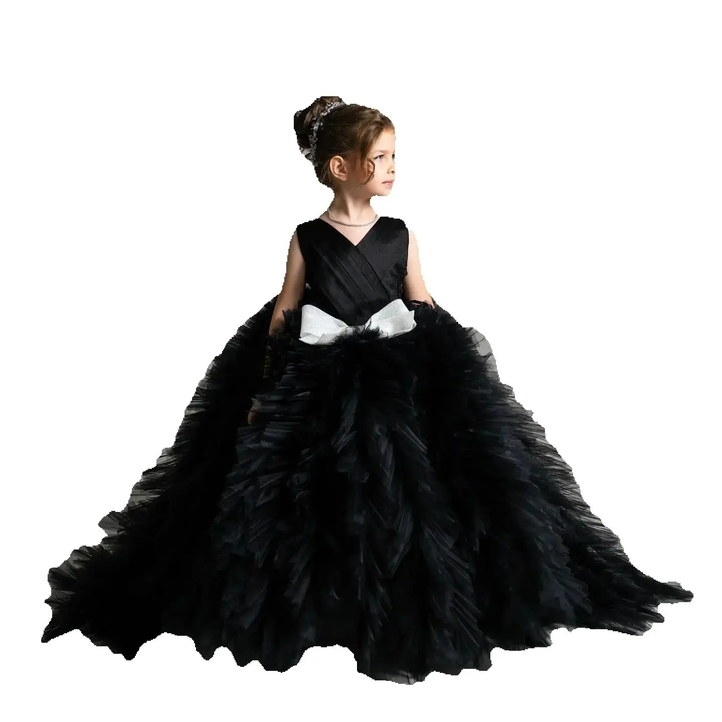 Elegante Blumenmädchenkleider Ärmelloses Ballkleid Schleife Schärpe Tüll Vestido De Novia Kinder Tier Sweep Zug Geburtstagspartykleid