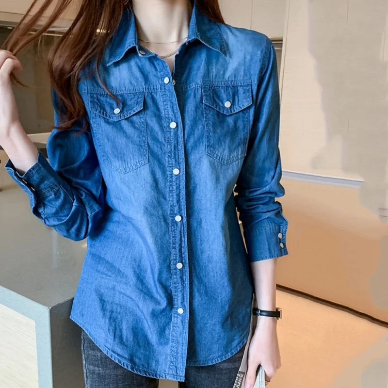 Women Jean Shirts Cowboy Long Sleeved College Style Slim Versatile Denim Female bottoming Shirt